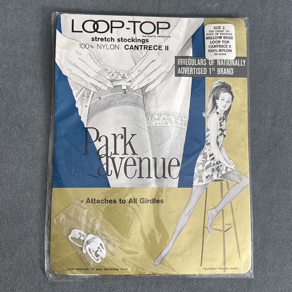 Vintage Loop-Top Park Avenue Nylon Stockings Cantrece II NOS Size 2 Clasps 1960s